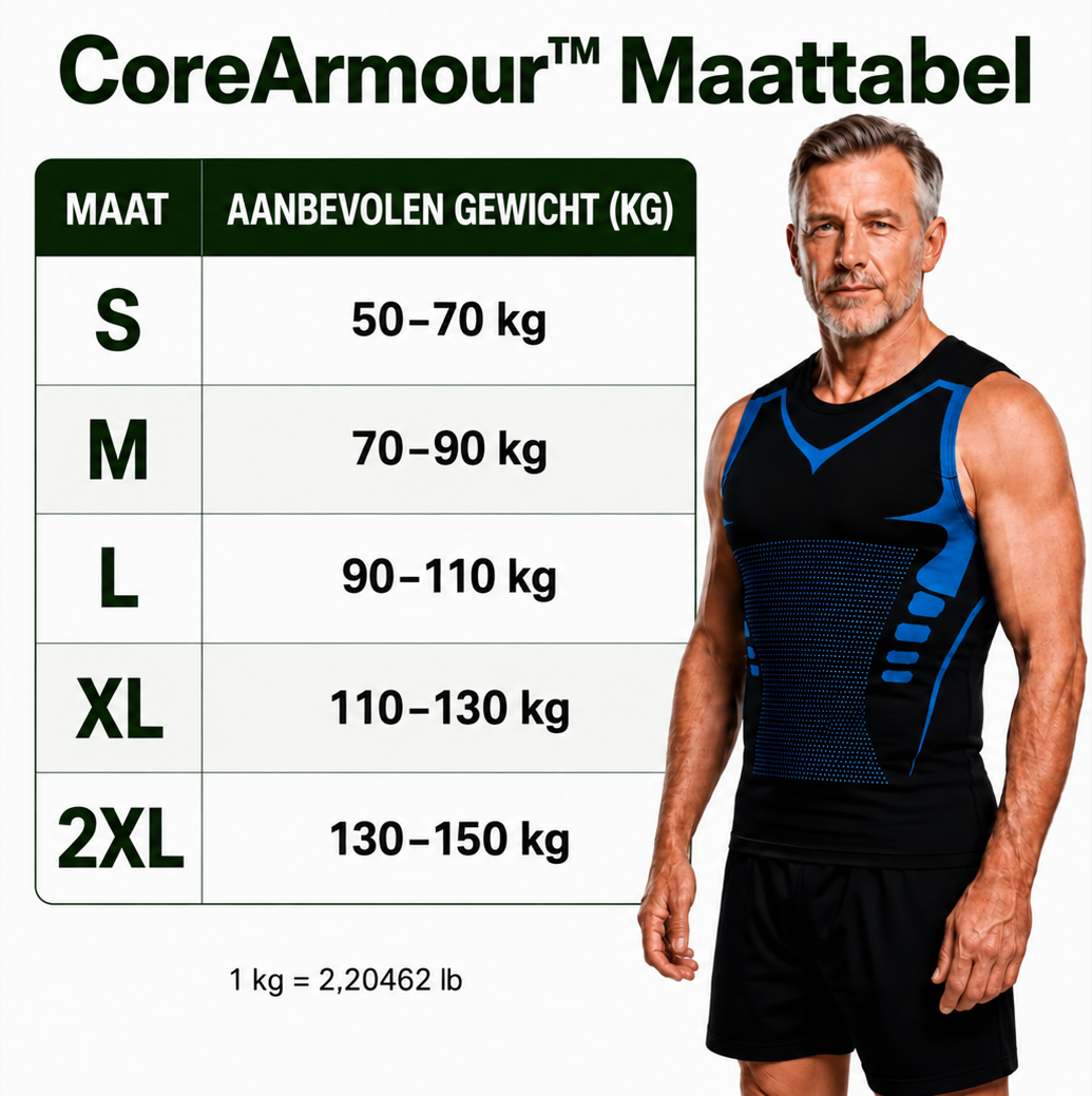 CoreArmour-maattabel in kilogram, maten S tot en met 2XL