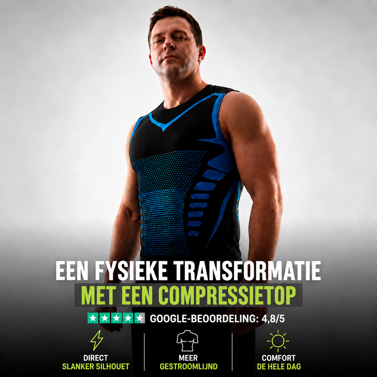 Core Armour compressietop; Nederlandse productvisual met Google-beoordeling van 4,8 op 5